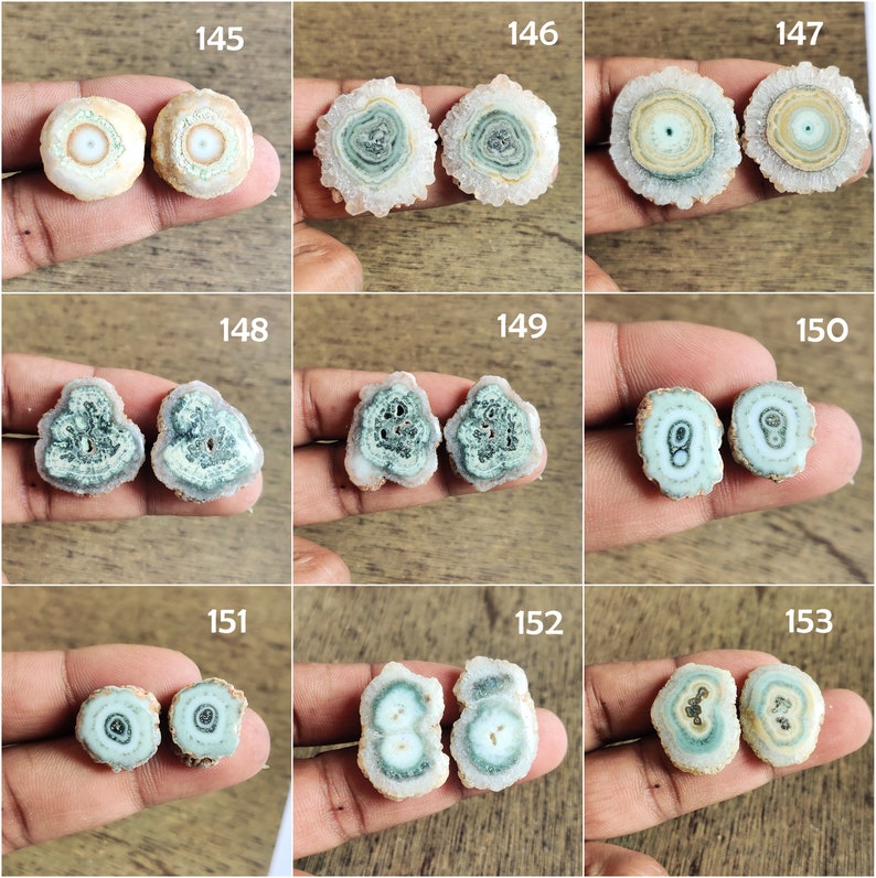 May include: A set of 12 agate slices with a variety of patterns and colors, including green, white, and brown. The agate slices are polished and have a smooth, shiny surface.