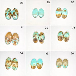May include: A collection of oval-shaped turquoise gemstones, each pair displaying unique patterns of blue, brown, and tan hues. The stones vary in color intensity and veining, showcasing natural variations. These polished stones are ideal for jewelry making.