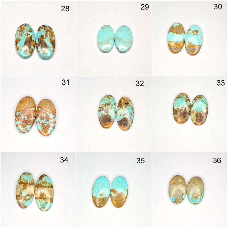 May include: A collection of oval-shaped turquoise gemstones, each pair displaying unique patterns of blue, brown, and tan hues. The stones vary in color intensity and veining, showcasing natural variations. These polished stones are ideal for jewelry making.