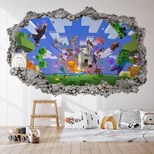 May include: A wall decal featuring a 3D-style cracked stone border surrounding a vibrant Minecraft scene. The graphic displays various pixelated characters, including a goat, zombie, axolotl, and skeleton, set against a blue sky and green landscape.