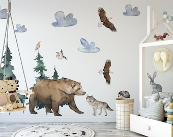 Woodland Animal Wall Decals - Forest Bear Elephant Birds Mountain Stickers For Kids Room Decor