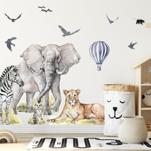 Big Animal Watercolor Wall Decal Set for nursery, playrooms, and bedrooms. Removable cute safari animals, Lion, Elephant stickers image 1