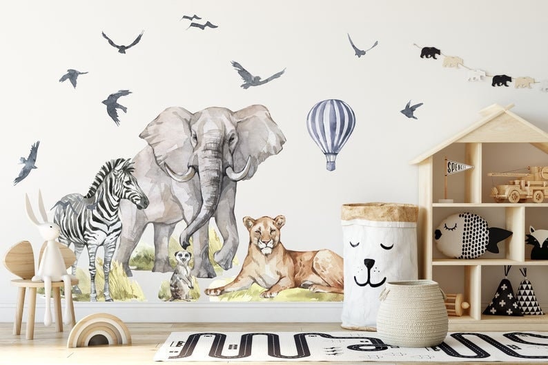 Big Animal Watercolor Wall Decal Set for nursery, playrooms, and bedrooms. Removable cute safari animals, Lion, Elephant stickers image 1