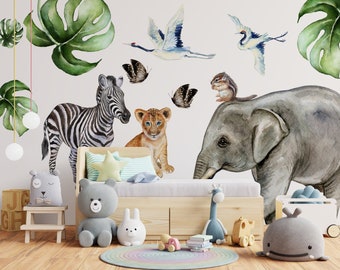 Wall decals Kids Hole in wall 3d animals savannah into a pond nursery 