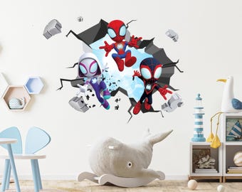 3D Spidey Friends Smash Wall Decal Superhero Kids Room Sticker Girls Boys Bedroom Decor Playroom Mural