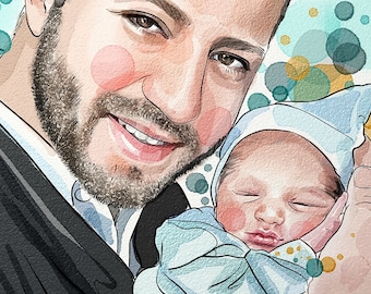 2 Person Digital Watercolor Portrait From Your Photos, Custom Portrait, Father's Day Gift, Digital Watercolor Painting, Father's Day