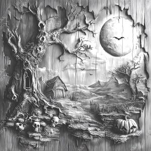 3D Illusion Halloween Scene | Laser Engraving File PNG | Lightburn File | Halloween02