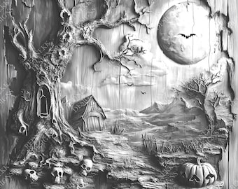 3D Illusion Halloween Scene | Laser Engraving File PNG | Lightburn File | Halloween02