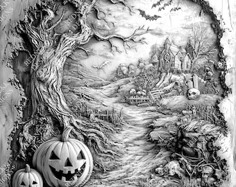 3D Illusion Pumpkin Halloween Scene | Laser Engraving File PNG | Lightburn File | Halloween01
