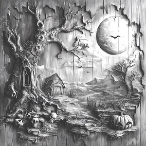 3D Illusion Halloween Scene | Laser Engraving File PNG | Lightburn File | Halloween03