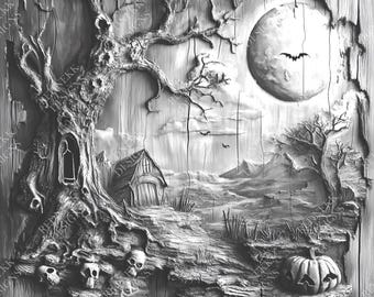 3D Illusion Halloween Scene | Laser Engraving File PNG | Lightburn File | Halloween03