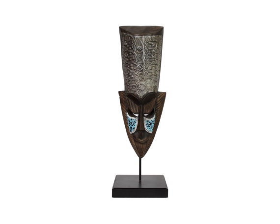 Masque Africain Ashanti En Bois Et Perles Du Ghana - Sculpture Murale Artisanale