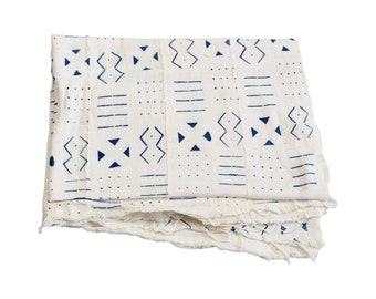 Blue and Off White Bogolan Mudcloth Fabric