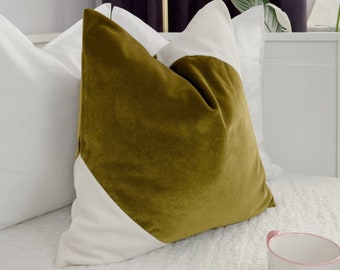 Velvet Colourblock Cover Khaki Green Off White Scatter Cushion Cover (All Sizes)