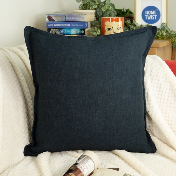 Linen Dark Blue Cushion Cover, Natural Linen Throw Pillow Cover 45x45cm