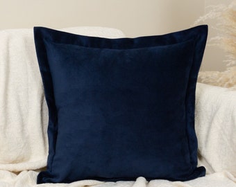 Velvet Dark Blue Flanged Pillow Cover, Navy Blue Oxford Style Cushion Cover, Modern Home Decor (Any Custom Size)