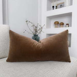 Puede incluir: Un cojín rectangular de terciopelo marrón descansa sobre un sofá de color claro. El cojín tiene una apariencia suave y afelpada. El fondo incluye un jarrón con ramas y estantes decorativos.