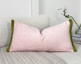 Blush Pink Chenille Cushion Cover with Moss Green Fringe Lumbar Cushion Contrast Trim Sofa Cushion (All Sizes)