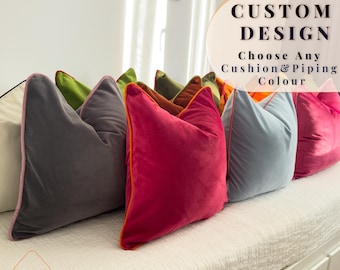 Velvet Cushion Cover with Piping Custom Trim Pillow Covers (All sizes)