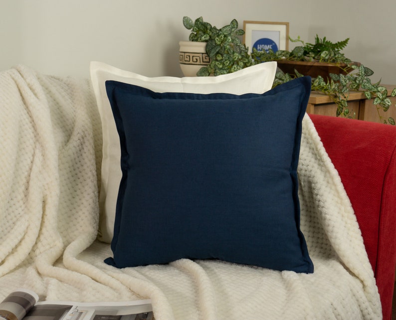 Housses de coussin en lin naturel, taie d'oreiller en lin, 45 x 45 cm-50 x 50 cm, 10 choix de couleurs Navy Blue