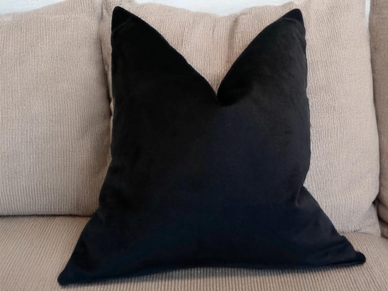 May include: A black velvet cushion on a beige sofa.