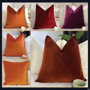 May include: Five velvet throw pillows in various colors, including orange, red, and burgundy. The pillows are arranged in a grid pattern on a white surface.