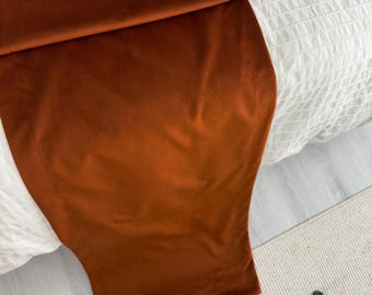 Chemin de lit en velours terre cuite pour décoration de chambre à coucher Foulard double face rouille pour lit simple, double, grand lit double, très grand lit king-size, style de lit d'hôtel