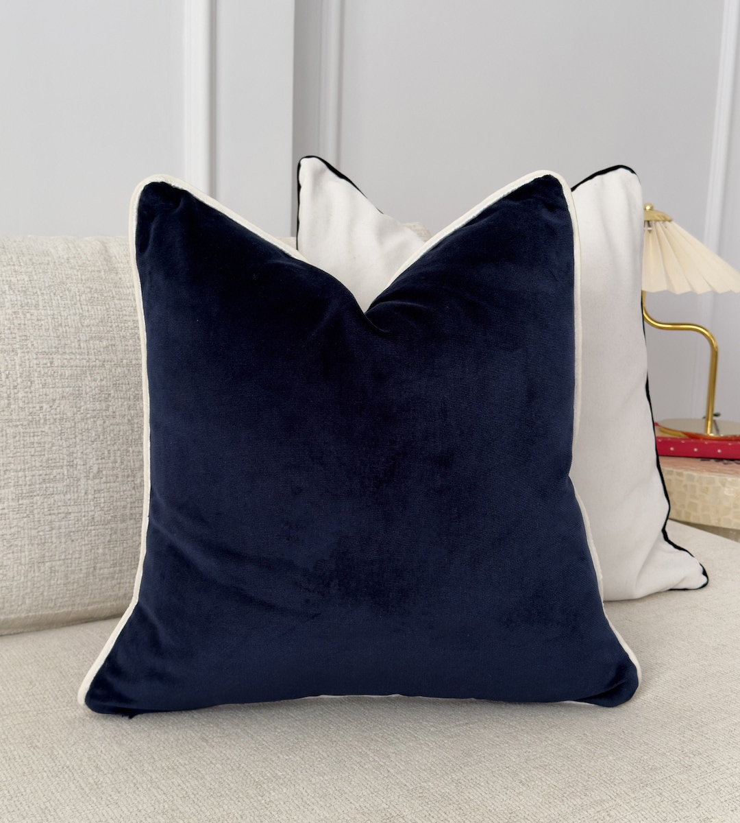 Velvet Navy Blue Cushion Cover With White Piping Decorative