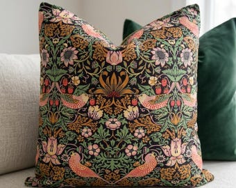 William Morris Cushion Cover: Strawberry Thief with Green Velvet Back Side, (All Sizes)