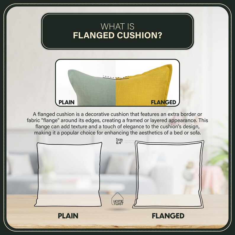 K&ouml;nnte beinhalten: Eine informative Grafik mit dem Titel &bdquo;WAS IST EIN KISSEN MIT FLANSCH?&ldquo; zeigt einen Vergleich von einfachen und Kissen mit Flansch. Die Illustration des Kissen mit Flansch hat einen 1 cm (0,4") Rand. Der Text erkl&auml;rt das Design und die dekorative Verwendung.