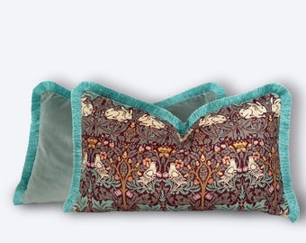 William Morris Cushion Cover Strawberry Thief Fringed Lumbar Pillow Cover Mid Century Designer Cushion Cover (Any Custom Size)