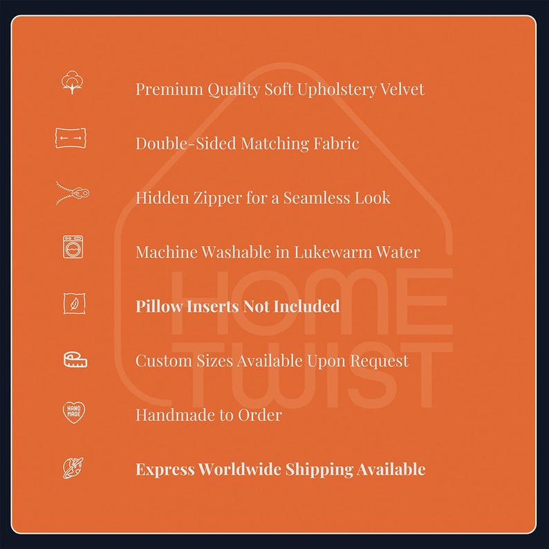 K&ouml;nnte beinhalten: Ein orangefarbenes Grafikdesign mit wei&szlig;em Text, das die Eigenschaften eines Produkts beschreibt. Der Text enth&auml;lt "Premium Qualit&auml;t Weicher Polster-Samt", "Doppelseitiger passender Stoff", "Verdeckter Rei&szlig;verschluss", "Maschinenwaschbar", "Kissenf&uuml;llungen nicht enthalten" und "Handgefertigt".