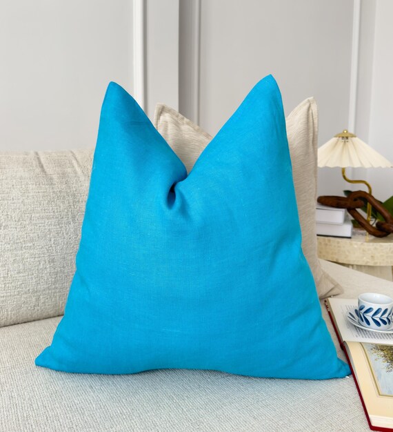 Natural Linen Sky Blue Cushion Cover Decorative Linen Blue Throw