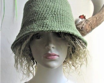 Crochet Dreadlock Bucket Hat, Olive Green Acrylic Unisex Hat