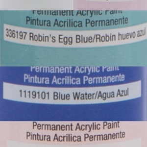 May include: A close-up of five paint bottles with labels showing the color names and numbers. The colors are hunter green, white, barely lilac, robin's egg blue, blue water, pastel rose, and pastel mint.