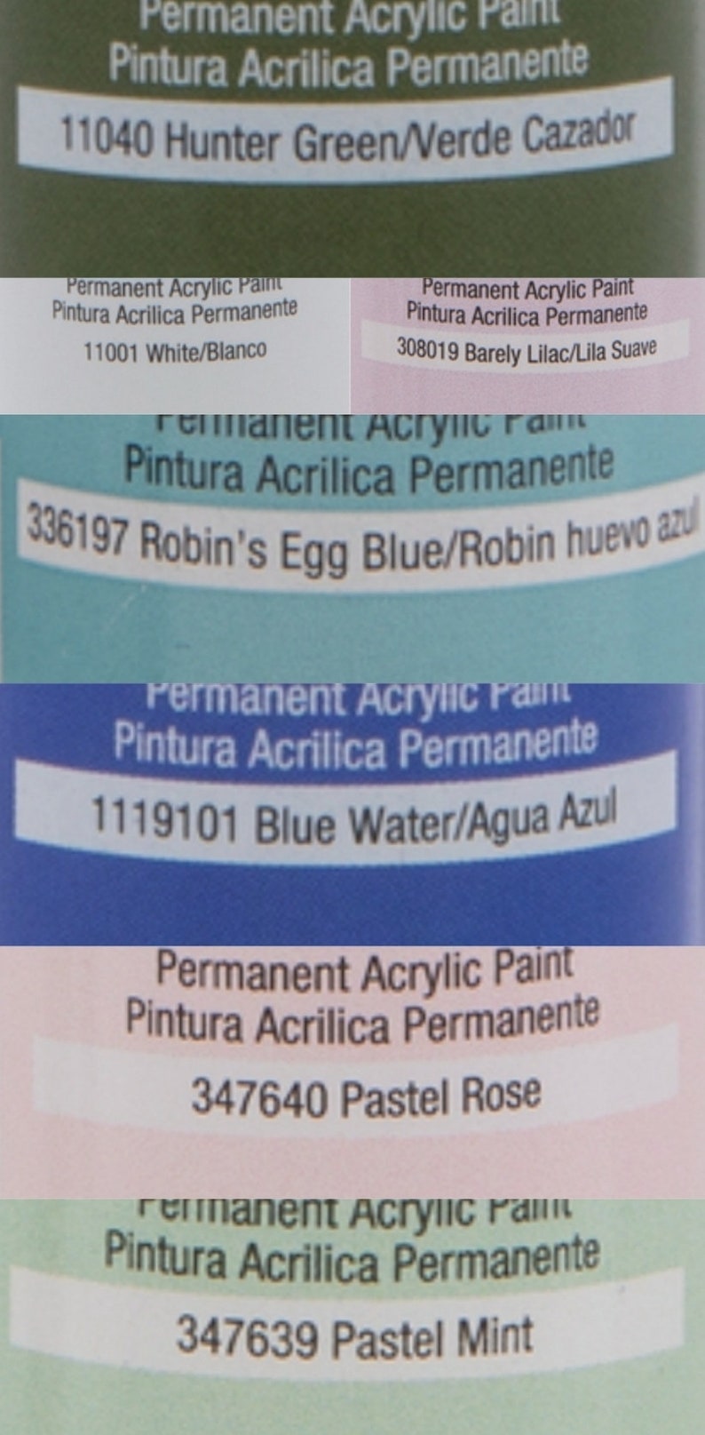 May include: A close-up of five paint bottles with labels showing the color names and numbers. The colors are hunter green, white, barely lilac, robin's egg blue, blue water, pastel rose, and pastel mint.