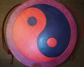 Yin Yang Wooden Wall Art Sign Laser Cut 23.5 Inch Diameter Red Blue Purple Zen Yoga Tai Chi Chi Gong