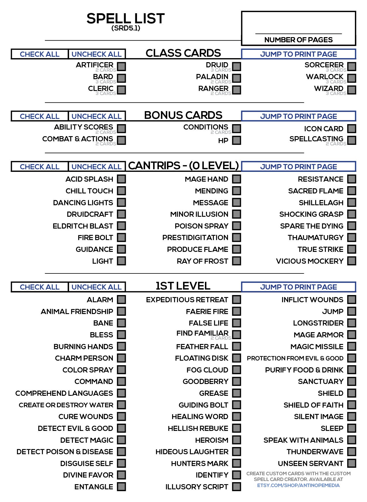 Printable Spell Cards 5e SRD5.1 Class, Bonus, Cantrip, &amp; 1st Level Cards - Etsy