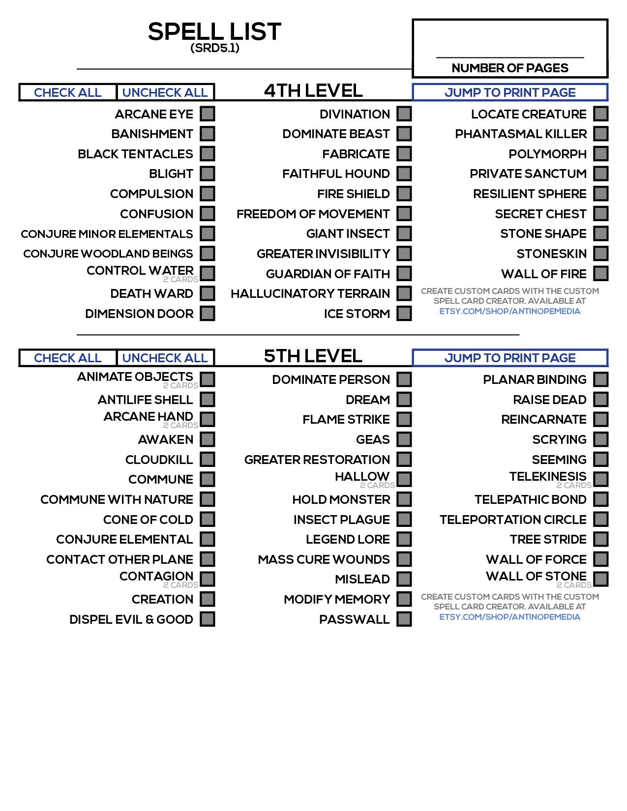 Printable Spell Cards 5e SRD5.1 4th &amp; 5th Level Cards - Etsy