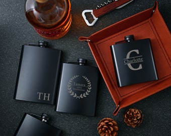 Black Engraved Stainless Steel Hip Flask - Personalized Flask for Dad - Great Gift for Groomsmen, Perfect Birthday Gift and Wedding Gift