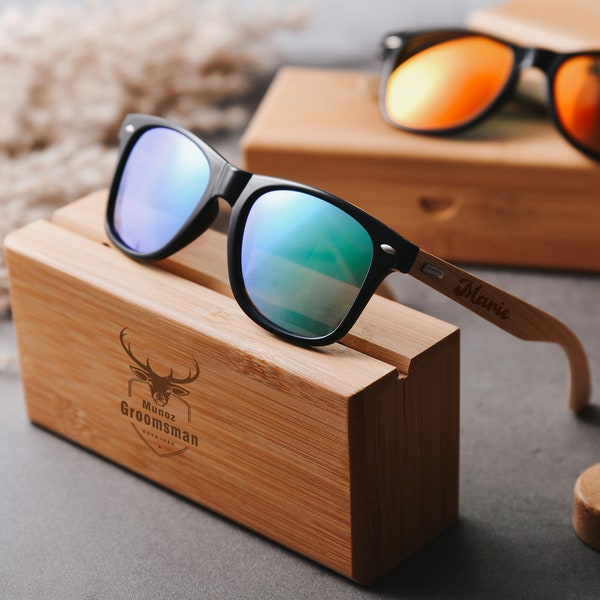 Gafas de sol de madera grabadas personalizadas, juego de regalos personalizado para padrinos de boda, idea de propuesta de padrino de moda, regalo único para él