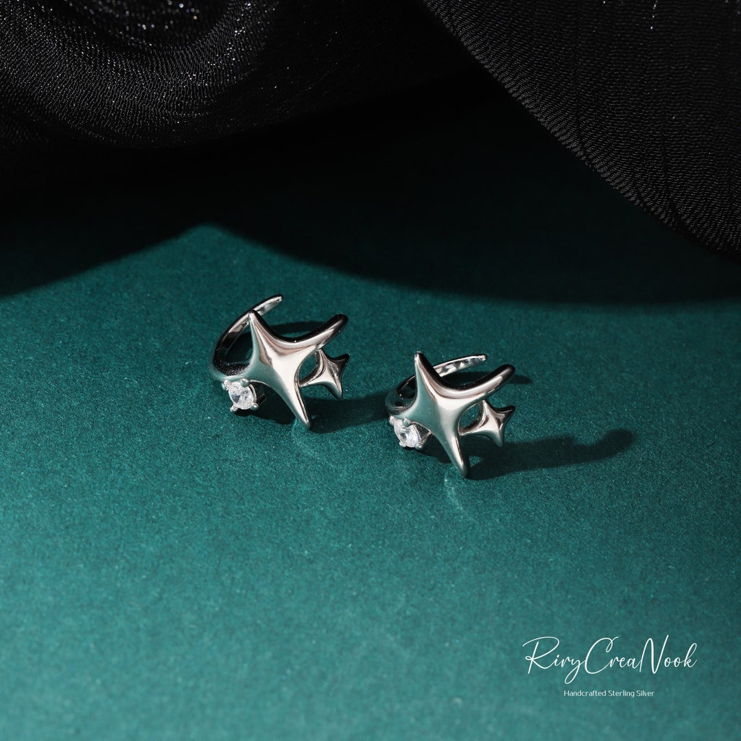 Sterling Silver Star Cuff Earrings S925 Silver Zircon Ear Etsy