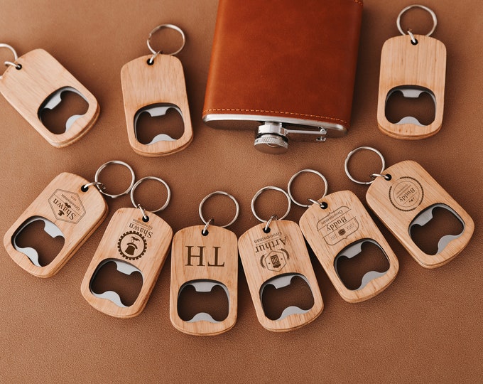 Custom Engraved Wood Keychain Bottle Opener | Personalized Logo Keychain | Perfect Father's Day Gift | Groomsmen Gifts