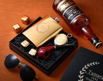 Best Combo Gifts for Men - Personalized Pipe and Flask, Compass - Unforgettable Gifts for Groomsmen, Groomsmen and Men