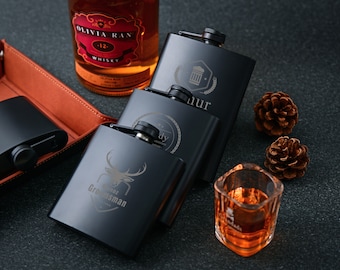 Black Engraved Stainless Steel Hip Flask - Personalized Flask for Dad - Great Gift for Groomsmen, Perfect Birthday Gift and Wedding Gift