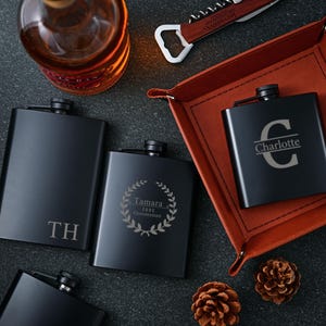 Black Engraved Stainless Steel Hip Flask - Personalized Flask for Dad - Great Gift for Groomsmen, Perfect Birthday Gift and Wedding Gift