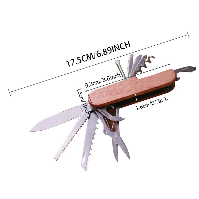 Peut inclure: Un couteau suisse multifonction avec un manche en bois. Le couteau poss&egrave;de une vari&eacute;t&eacute; d'outils, dont une lame, une scie, un tournevis et un ouvre-bouteille. Le couteau mesure 17,5 cm de long et 1,8 cm de large.