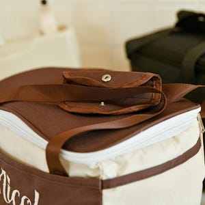 Pu&ograve; includere: Una borsa termica isolata di colore marrone e beige con chiusura a zip e una tracolla marrone. La borsa ha una zip bianca e una tasca marrone sul davanti con un bottone argentato.
