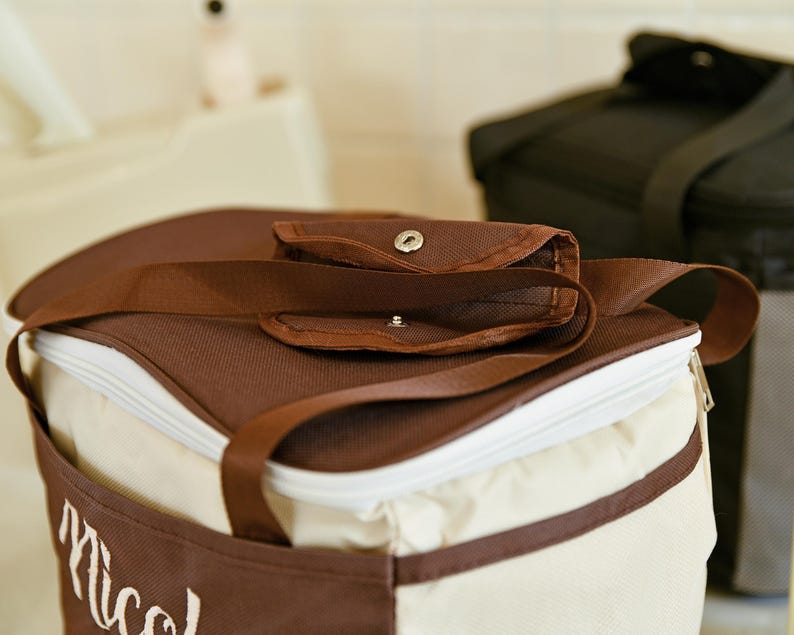 Pu&ograve; includere: Una borsa termica isolata di colore marrone e beige con chiusura a zip e una tracolla marrone. La borsa ha una zip bianca e una tasca marrone sul davanti con un bottone argentato.