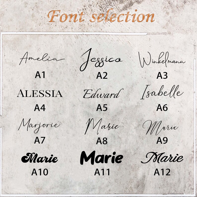 Peut inclure: Un tableau pr&eacute;sentant 12 styles de police diff&eacute;rents &eacute;tiquet&eacute;s de A1 &agrave; A12. Chaque style de police est affich&eacute; avec le mot "Amelia", "Jessica", "Winkelmann", "ALESSIA", "Edward", "Isabelle", "Marjorie", "Marie" ou "Marie" &eacute;crit dans le style de police.